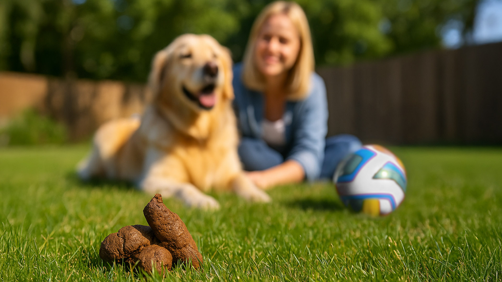 5 Reasons to Scoop Pile of dog waste in sharp focus on green grass with a blurred golden retriever and owner playing with a ball in the background, illustrating the need for professional pet waste management and pooper scooper services.